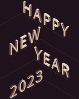 Lycklig ny år 2023 3d isometrisk posta kort, gyllene text, vektor proffs