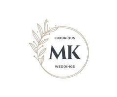 mk initialen brief hochzeitsmonogramm logos vorlage, handgezeichnete moderne minimalistische und florale vorlagen für einladungskarten, datum speichern, elegante identität. vektor