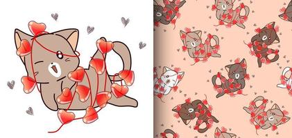 nahtlose Muster kawaii Katze mit vielen Herzen vektor