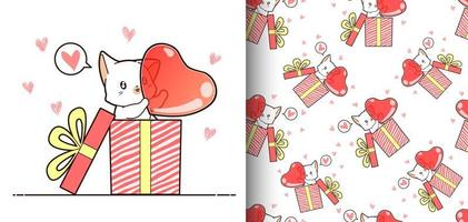 nahtlose Muster kawaii Katze in der Box, die großes Herz trägt vektor
