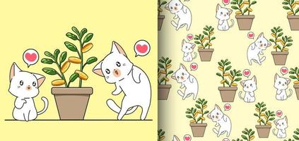 nahtlose Muster kawaii Katzen und Geldbaum in der Vase vektor