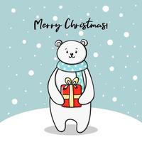 Eisbär mit einem Weihnachtsgeschenk. neujahrskinderkarte mit einem niedlichen weißen bären und schnee im gekritzel vektor