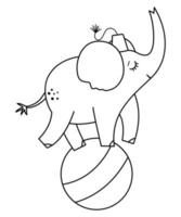 Schwarz-Weiß-Elefant auf einem Ball. Vektor-Zirkus-Umriss-Tier. Vergnügungsurlaub Symbol Leitung. niedliche lustige festivalcharakter-clipart. straßenshow-komikerillustration vektor