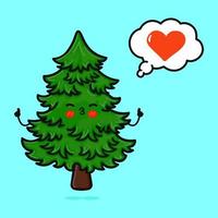 süßer lustiger weihnachtsbaum, der yoga mit sprechblase macht. vektor hand gezeichnete karikatur kawaii charakter illustration symbol. isoliert auf blauem Hintergrund. fichte verliebtes charakterkonzept