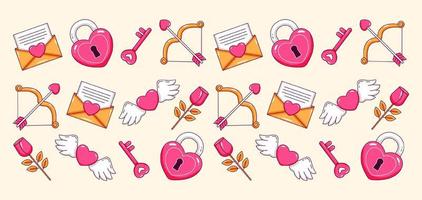 Lycklig hjärtans dag. hänglås, nyckel, rosett, blomma och kärlek brev mönster vektor