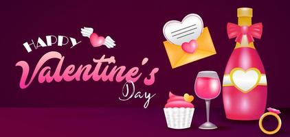 fröhlichen Valentinstag. 3D-Darstellung von Weinflasche, Kuchen, Liebesbrief und Ring vektor