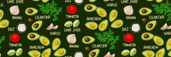 guacamole sås recept mönster meny med ingrediens signaturer. mexikansk maträtt med nachos. avokado och några kryddor. kök illustration. lämplig för utskrift på textilier och papper vektor