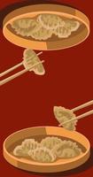 illustration av kinesisk Jiaozi klimpar på plattor spegel bild. använda sig av ätpinnar till ta dumplings. röd bakgrund. lämplig för utskrift på textilier och papper kök illustrationer. marknadsföring baner vektor