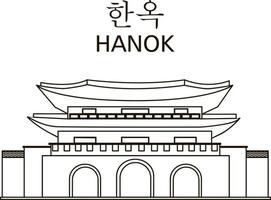 hanok linjär vektor logotyp illustration design, traditionell koreanska arkitektur logotyp begrepp. de byggnad är tillverkad med kontur grafik med en stor inskrift i engelsk och koreanska.