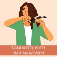 Mädchen schnitt Haare aus Solidarität mit iranischen Frauen, die für die Freiheit protestieren. Verbündete Frauen gegen Gewalt und Diskriminierung im Iran. Internationale Unterstützung für Menschenrechte auf der ganzen Welt. Vektor-Illustration. vektor