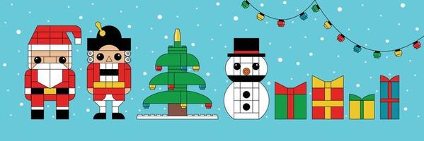 schneemann, girlande, weihnachtsbaum, weihnachtsmann, nussknacker aus plastiksteinen auf weißem hintergrund vektor