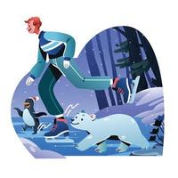 ein Mann mit einem Pinguin und einem Eisbären, der im Winter Schlittschuh läuft vektor