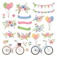 hand dragen årgång blomma bukett uppsättning med Cyklar, ballonger, band, fest buntings. spara de datum design. isolerat på vit bakgrund vektor bröllop uppsättning med sommar blommor, band och cykel.