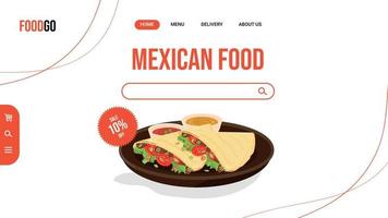 Bannervorlage für lateinamerikanische Website für die Lieferung von Lebensmitteln. traditionelle mexikanische quesadillas zwei stücke mit saucen auf einem teller. flache vektorillustration vektor