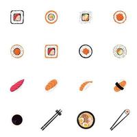 platt stil ikoner av japansk mat, sushi och rullar, Ramen, pinnar på vit bakgrund. för Ansökan design, asiatisk mat leverans hemsida. vektor