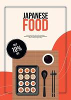 flygblad design med rullar i en tallrik. japansk mat, friska äter, meny, mat begrepp. baner, reklam. vektor