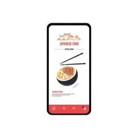 illustration mit einer mobilen app für die lieferung asiatischer lebensmittel. Bestellen Sie Essen online zu Ihnen nach Hause auf Ihrem Smartphone. Vektor