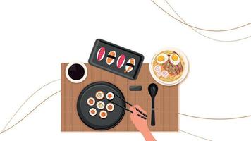 baner design, bakgrund med japansk mat, rullar, Ramen soppa. flicka äter asiatisk mat. meny, mat begrepp. baner, reklam. vektor