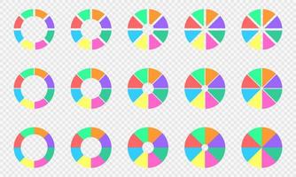 paj och munk diagram uppsättning. cirkel diagram dividerat i 8 sektioner av annorlunda färger. balans hjul av liv. runda former skära i åtta delar på transparent bakgrund vektor