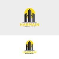 h Immobilien-Logo-Design. gebäude gelbes logo mit sonnenaufgang gebäudelogo h logo vektor