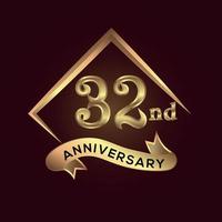32 år årsdag firande. årsdag logotyp med fyrkant och elegans gyllene Färg isolerat på röd bakgrund, vektor design för firande, inbjudan kort, och hälsning kort