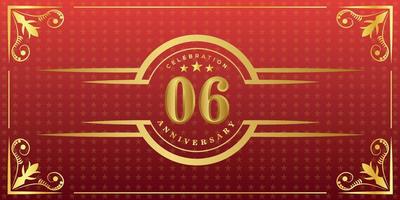 06:e årsdag logotyp med gyllene ringa, konfetti och guld gräns isolerat på elegant röd bakgrund, gnistra, vektor design för hälsning kort och inbjudan kort