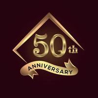 50-jährige Jubiläumsfeier. Jubiläumslogo mit quadratischer und eleganter goldener Farbe isoliert auf rotem Hintergrund, Vektordesign für Feier, Einladungskarte und Grußkarte