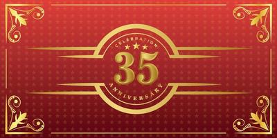 35:e årsdag logotyp med gyllene ringa, konfetti och guld gräns isolerat på elegant röd bakgrund, gnistra, vektor design för hälsning kort och inbjudan kort