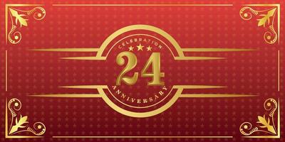 24:e årsdag logotyp med gyllene ringa, konfetti och guld gräns isolerat på elegant röd bakgrund, gnistra, vektor design för hälsning kort och inbjudan kort