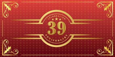 39: e årsdag logotyp med gyllene ringa, konfetti och guld gräns isolerat på elegant röd bakgrund, gnistra, vektor design för hälsning kort och inbjudan kort