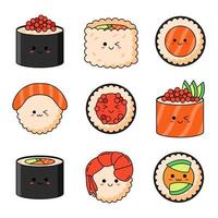 Kawaii-Sushi-Set mit lächelndem Gesicht und rosa Wangen isoliert auf weißem Hintergrund. japanischer Cartoon-Stil. vektor