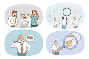 samling av bankirer analysera finansiell data med förstoringsglas glas. uppsättning av affärsmän eller Bank anställda arbete med system och diagram. analys och finansiera. vektor illustration.