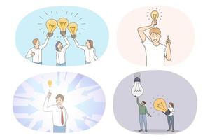 Sammlung verschiedener Geschäftsleute mit Glühbirnen generieren kreative innovative Geschäftsideen. gruppe von mitarbeitern mit glühbirnen brainstorming machen geschäftslösung. Vektor-Illustration. vektor