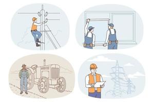 samling av människor yrken och yrken. uppsättning av män har annorlunda jobb och karriärer. elektriker, mounter och jordbrukare. sysselsättning och rekrytering. vektor illustration.