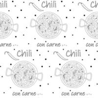 Nahtloses Muster von Chili con Carne in großem Topf und Inschrift und Chilischoten auf dem Hintergrund vektor
