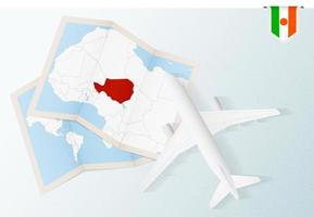 resa till niger, topp se flygplan med Karta och flagga av niger. vektor