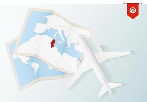 reise nach tunesien, draufsichtflugzeug mit karte und flagge von tunesien. vektor