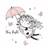 kleines süßes Mädchen fliegt auf einem Regenschirm.