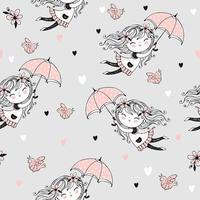 nahtloses Muster mit niedlichen Mädchen, die auf Regenschirmen fliegen. vektor