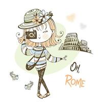 Mädchen mit einer Kamera macht Bilder in Rom vektor
