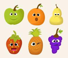 söt tecknad serie frukt uppsättning i platt stil. söt emoji frukt ikoner. söt och rolig frukt uppsättning vektor illustration