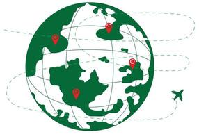 grön värld Karta med prickad rader och plan koncept, utforskning och resa runt om de värld med klar mål och destinationer. vektor