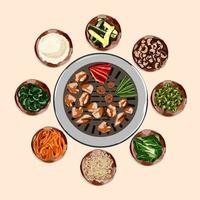traditionell koreanska mat, koreanska utegrill, grillning nötkött, bbq. grillad snacks. illustration för restaurang meny. topp se. vektor illustration.