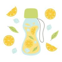 Flasche mit Limonade. kühle Limonade mit Zitronenstückchen, Minze und Eis. Vektor-Illustration isoliert auf weißem Hintergrund. flacher Stil. vektor