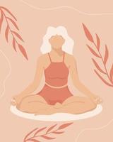 affisch med en flicka i en lotus placera i boho stil. vektor illustration. platt stil. kvinna håller på med yoga och meditation.