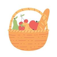 Picknickkorb. Sommerpicknick. Korb mit Baguette, Obst und Käse. Vektor-Illustration. flacher handgezeichneter Stil. vektor