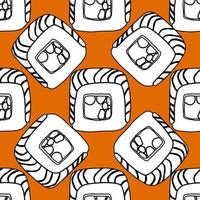 sömlös mönster med sushi rulla klotter illustration på orange bakgrund vektor
