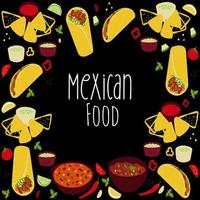 ram bakgrund med illustration mexikansk mat tacos, burrito, chili lura carne, guacamole, salsa roja sås illustration på svart bakgrund vektor