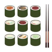 en uppsättning av vektor ikoner av utsökt färgad sushi rullar. traditionell japansk kök. asiatisk skaldjur grupp. platt stil