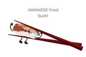 Sushi im Stil von Kawaii. konzeptionelle illustration von snacks, sushi, exotischen lebensmitteln, meeresfrüchten. vorlage für sushi-restaurant, café, lieferung vektor